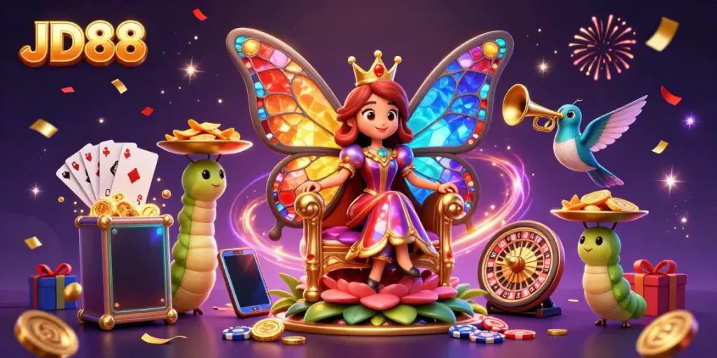 Experience the vibrant JD88 gaming scene with colorful slot games and a dynamic butterfly queen in 3D.