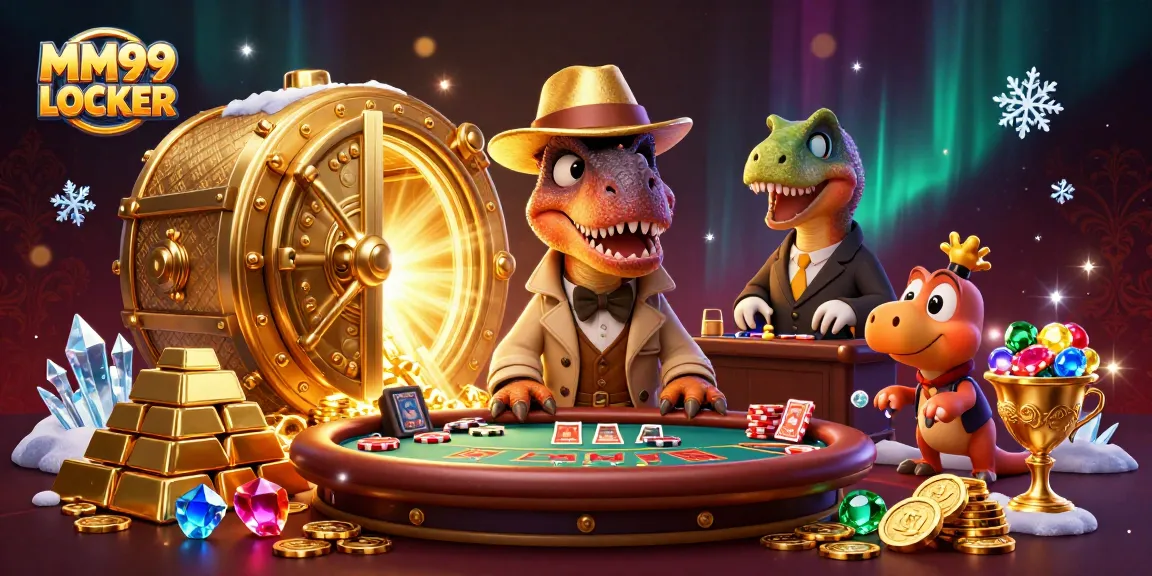 Experience the thrilling atmosphere of MM99 LOCKER with 3D characters at a blackjack table amidst gleaming treasures.