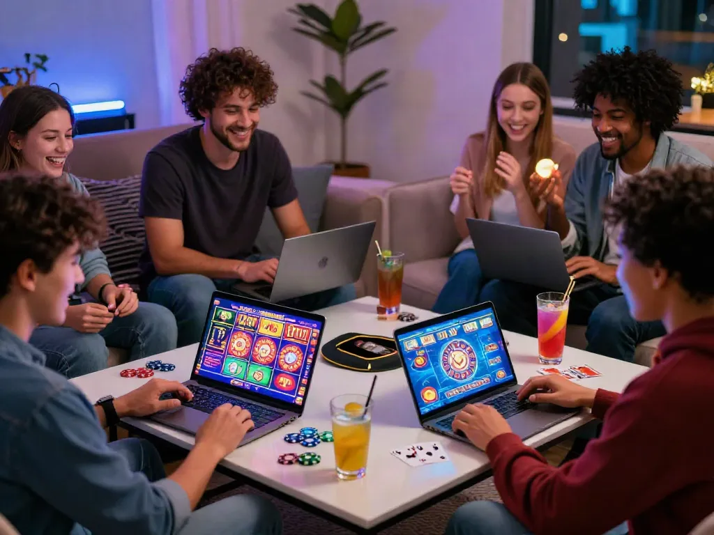 Friends enjoying games in cozy setting featuring american online casinos excitement.