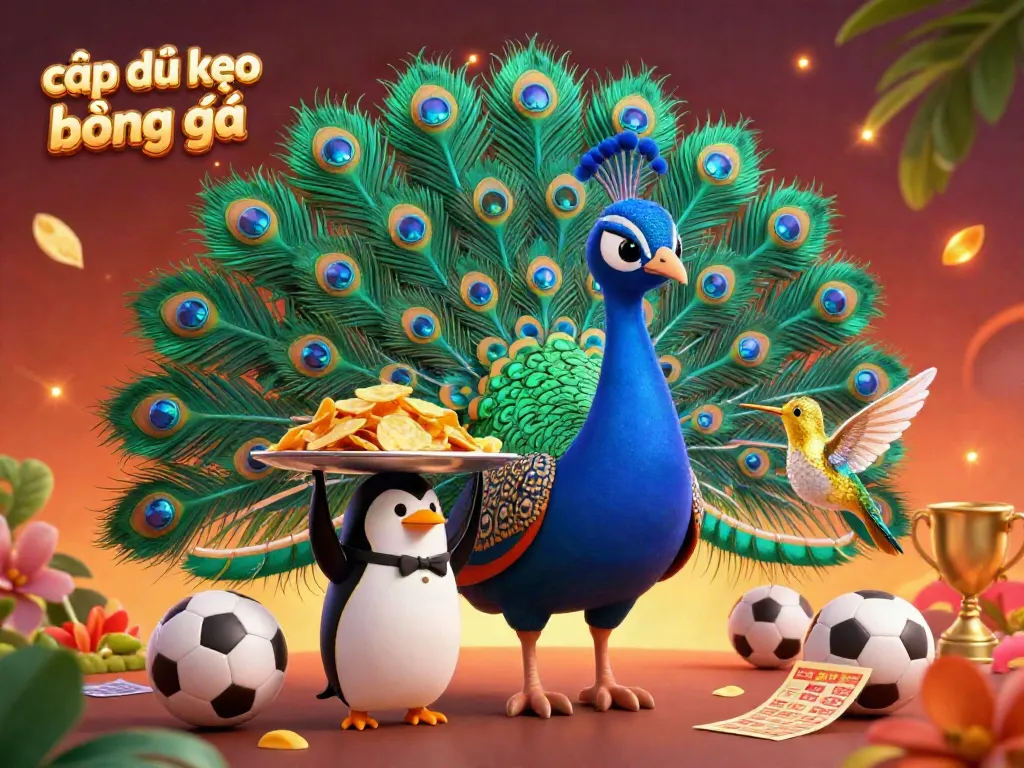 Engage with cập nhật kèo bóng đá in this vibrant 3D scene featuring a peacock, a penguin with chips, and dynamic betting elements.