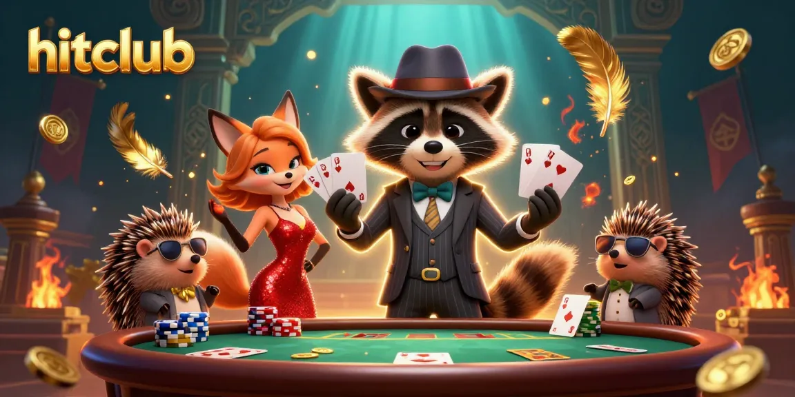 Engage in thrilling poker action at hitclub, featuring a suave raccoon, a charming fox, and vibrant gaming elements.