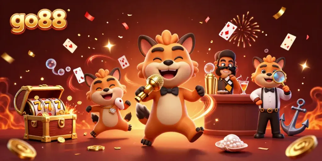 Experience the excitement of go88 with vibrant casino scene featuring hyenas and slot reels.