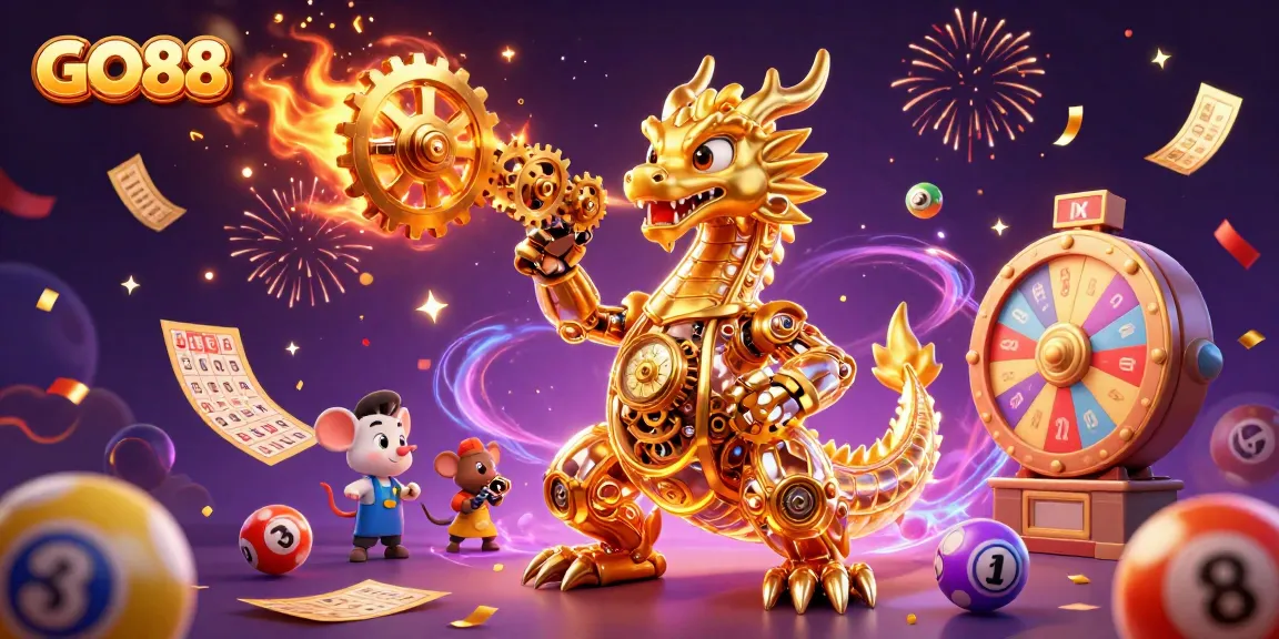 GO88's vibrant gaming universe showcases the golden dragon and colorful lottery elements in dynamic action.