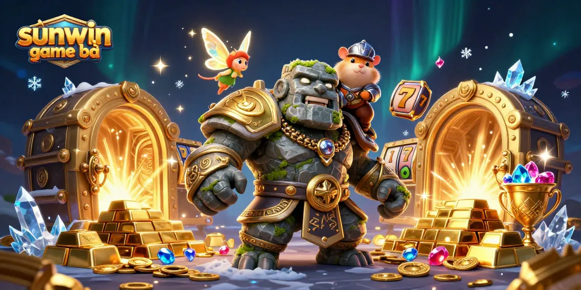 Spin and win at sunwin game bài, featuring a magical scene with a golem, fairy, and hamster knight.