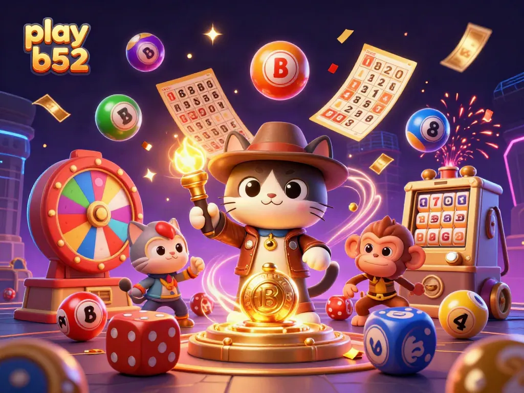Play B52 and win in a vibrant casino backdrop with dynamic characters and lottery excitement.