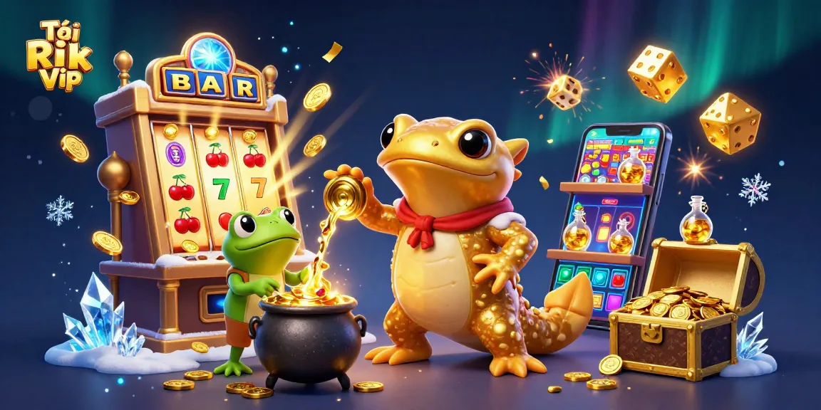 Tải Rik Vip through vibrant slots scene with golden salamander and cheerful characters