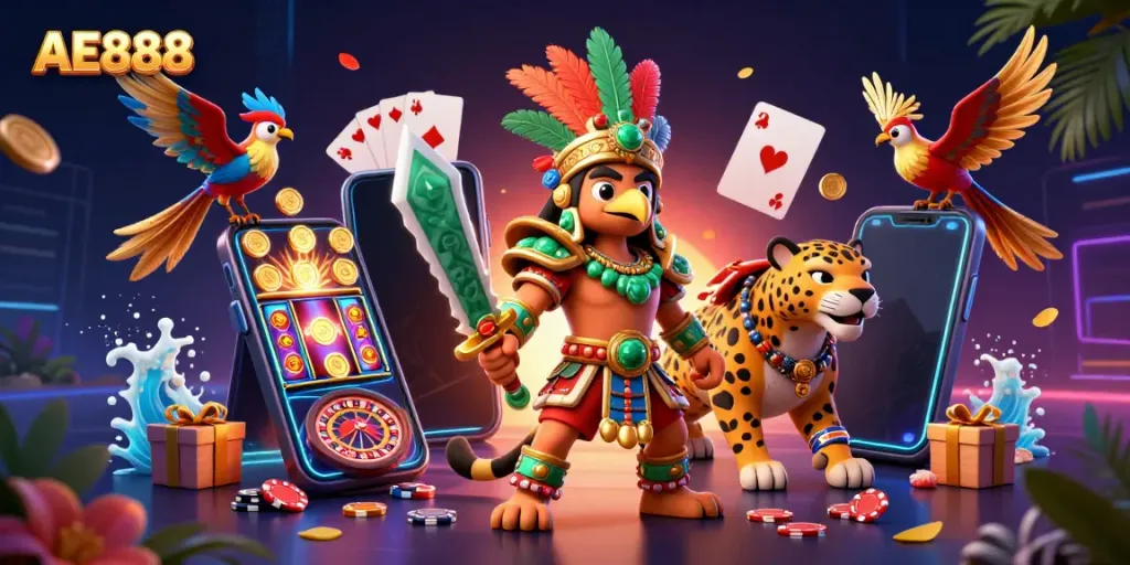 Experience the thrill of AE888 with dynamic gaming characters and vibrant casino elements.