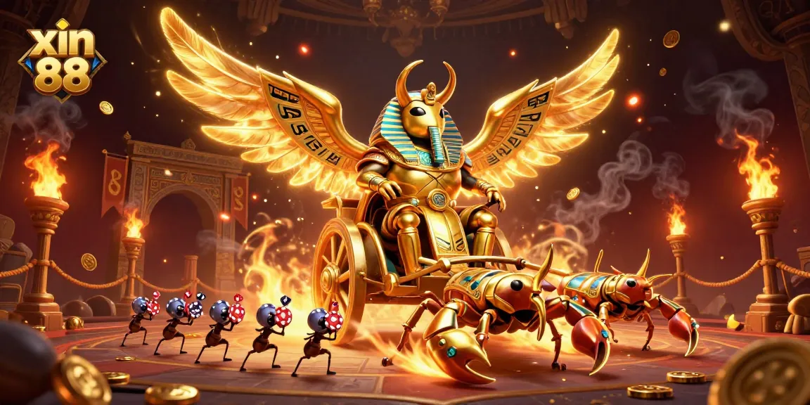 Engage in thrilling gaming action with xin 88, vibrant casino scene populated by a golden scarab and treasure.