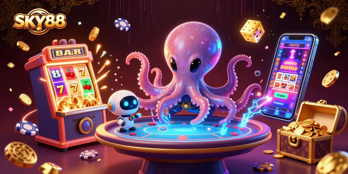 Play exciting games at SKY88 with the alien octopus navigating a vibrant casino world.