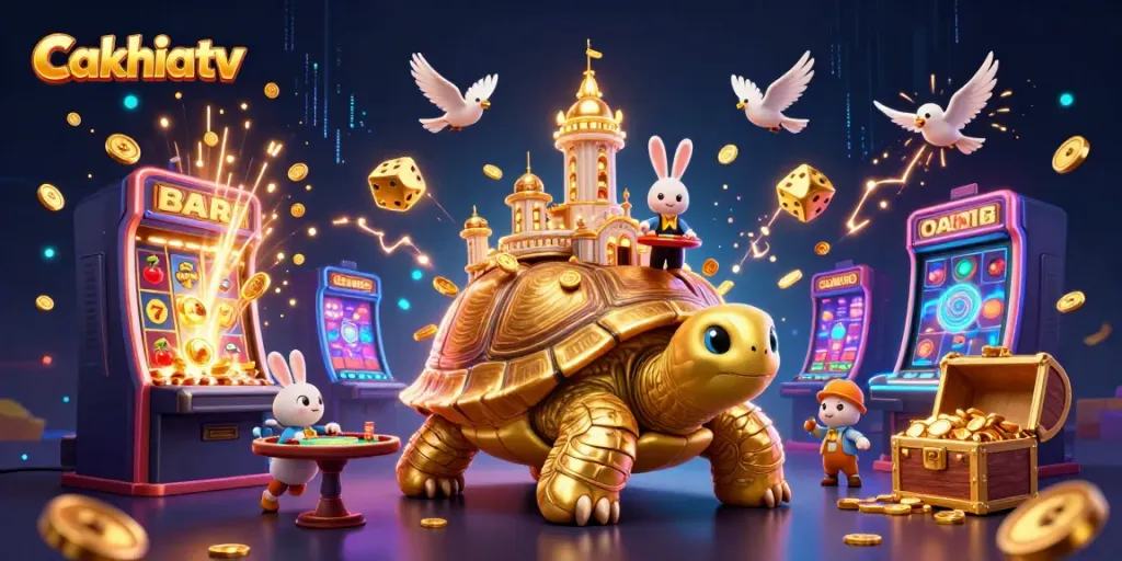 Cakhiatv presents an engaging scene of a golden tortoise casino, featuring a rabbit dealer and festive animations, celebrating streaming football.