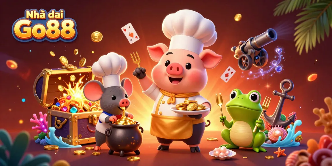 Join the fun at Nhà cái Go88 in this vibrant 3D illustration featuring gold coins and game elements.