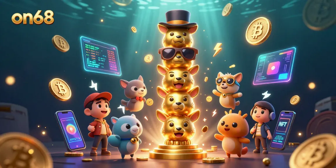 Engage with on68's vibrant 3D casino world featuring golden totems and crypto treasures.