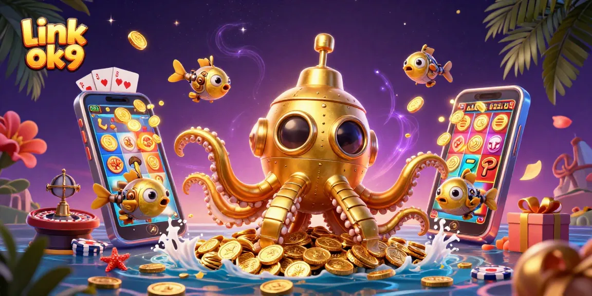 Spin the reels at link ok9 in a vibrant 3D illustration featuring a kraken submarine amidst golden coins.