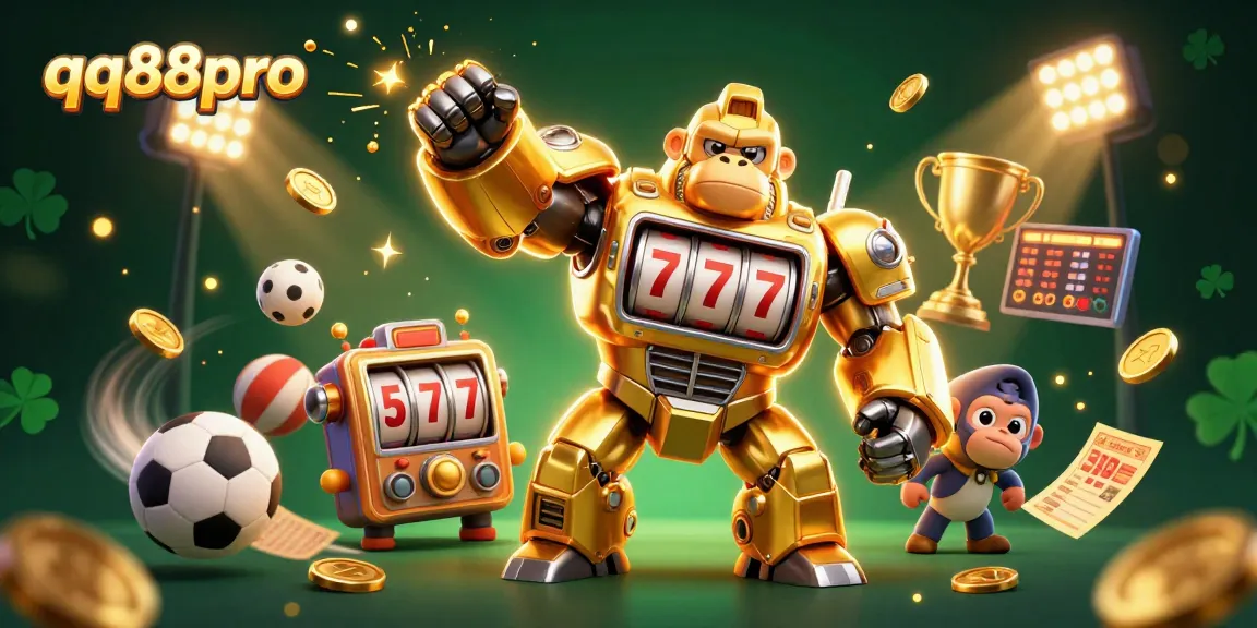 Engage with qq88pro's dynamic gaming experience featuring a golden gorilla mech amidst exciting casino elements.