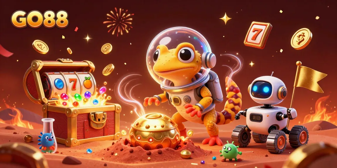 GO88 features a Martian gecko discovering a golden casino with engaging slot symbols amid vibrant celebration.