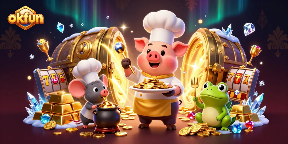 Experience the thrill of slot gaming with okfun in this vibrant 3D digital artwork.