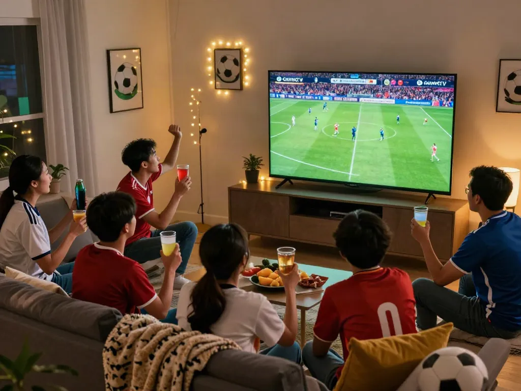 Fans celebrating a football match while watching Gavangtv in a cozy living room.