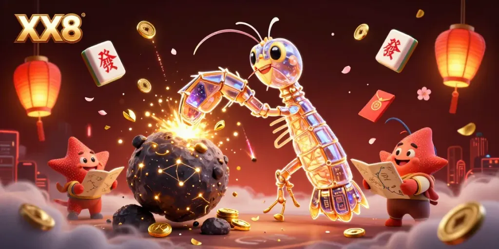 The XX8 Mantis Shrimp bursts through an asteroid, showering golden gems, framed by festive gambling elements.
