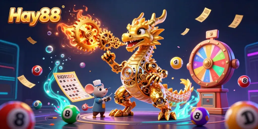 Experience thrilling gaming fun at Hay88 with a golden dragon and dynamic lottery elements in an engaging setting.