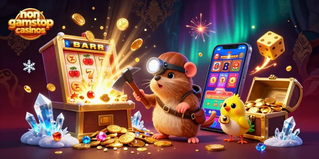 Experience thrilling non gamstop casinos with vibrant 3D visuals of treasure hunter adventures and exciting gaming elements.
