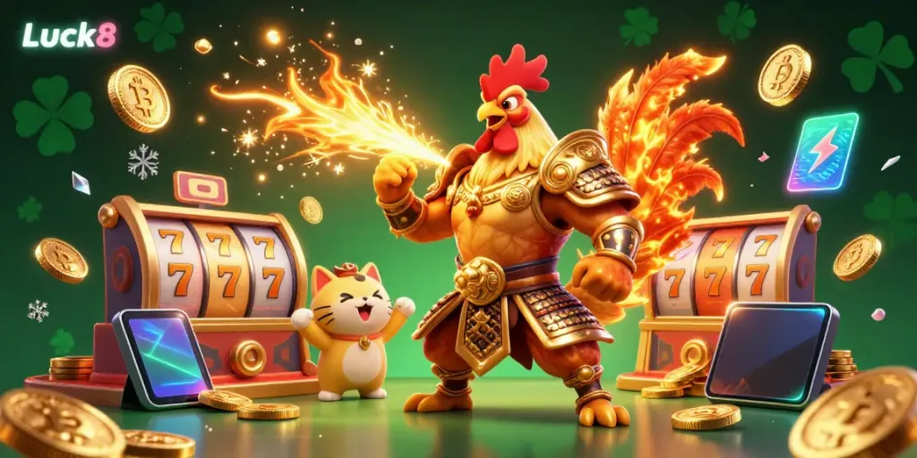 Experience the thrill of Luck8 with a vibrant casino scene featuring a fiery rooster warrior and an armored dragon amid spinning slots and crypto elements.