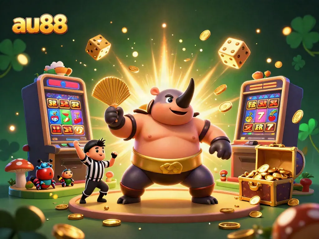 Experience thrilling gameplay at AU88 as the sumo champion beetle takes center stage amidst a jackpot scene.