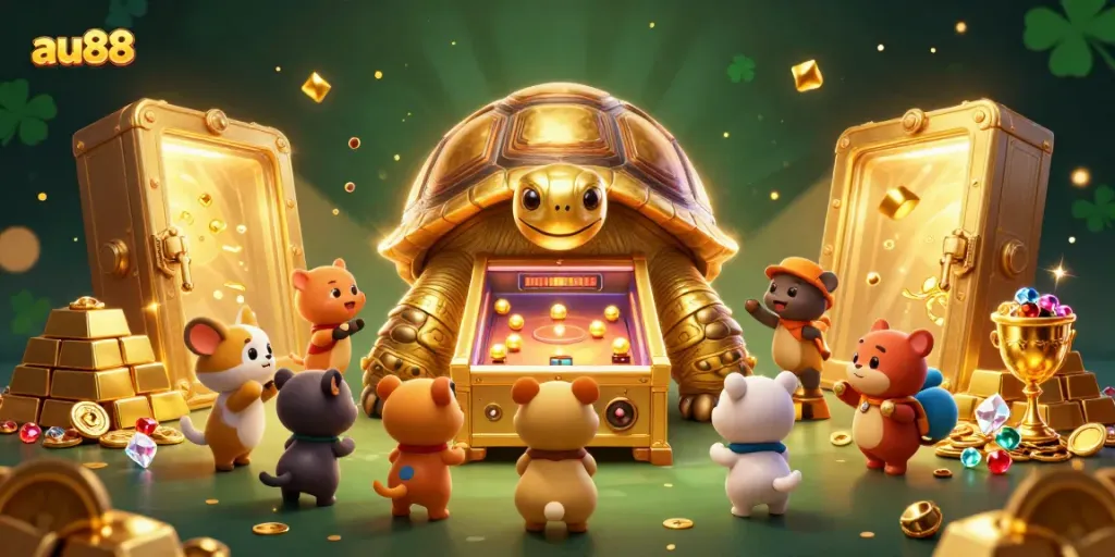 Engage in thrilling gameplay at AU88 with a vibrant 3D scene showing golden treasures and exciting characters.