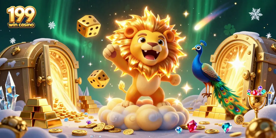 Experience the thrill of winning at the 199 win casino with a vibrant 3D scene of a roaring lion and golden treasures.