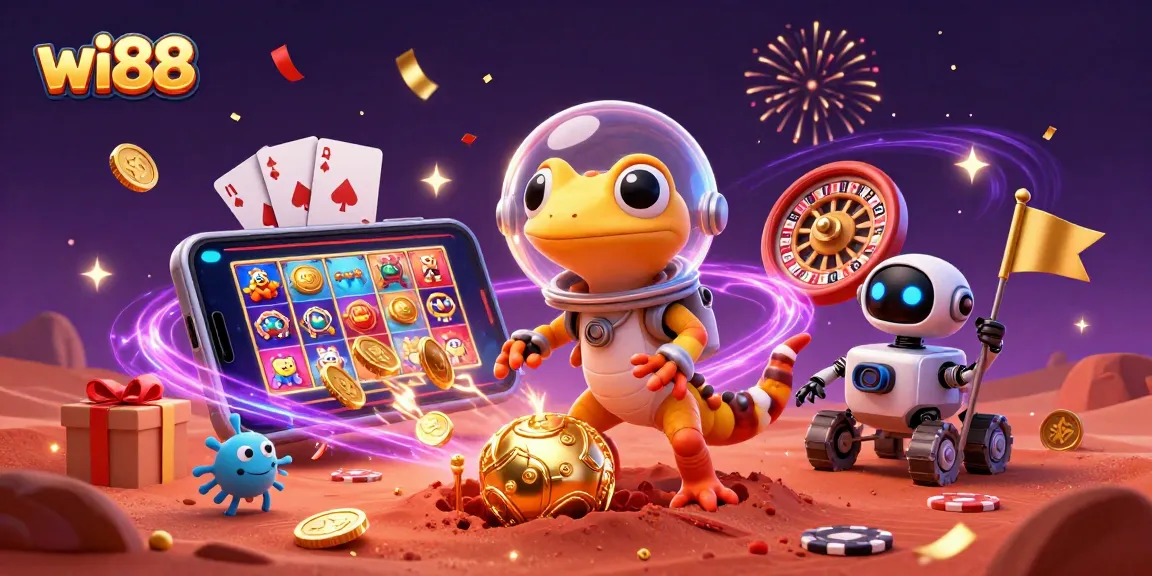 Witness the Martian gecko at the golden casino, exploring wi88's thrilling gaming universe filled with excitement.