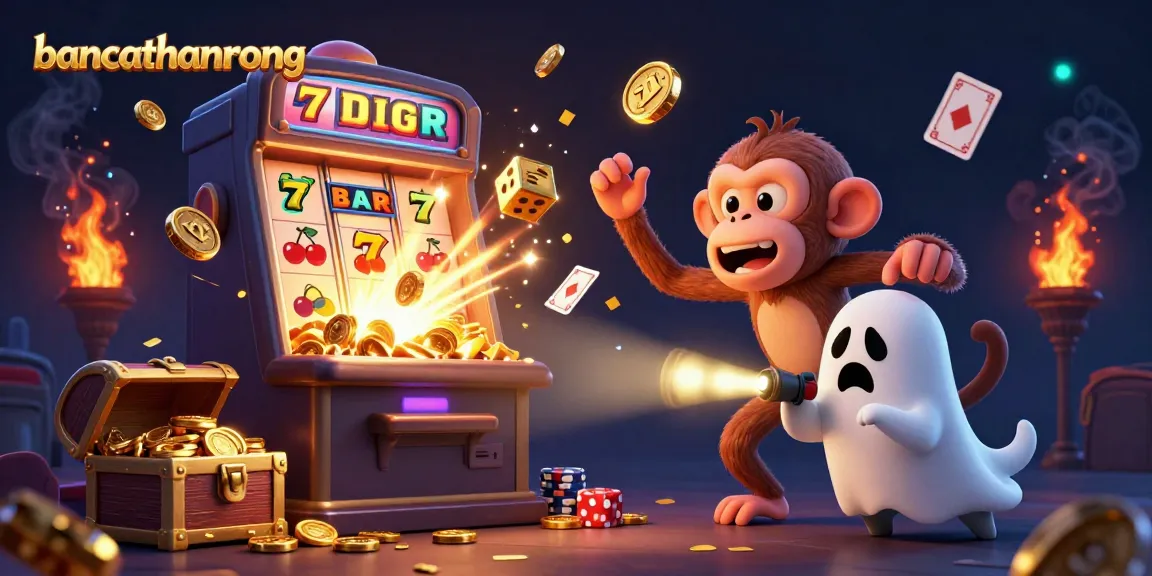 Bancathanrong's vibrant casino scene showcases a playful poltergeist monkey juggling golden gaming elements in a haunted setting.