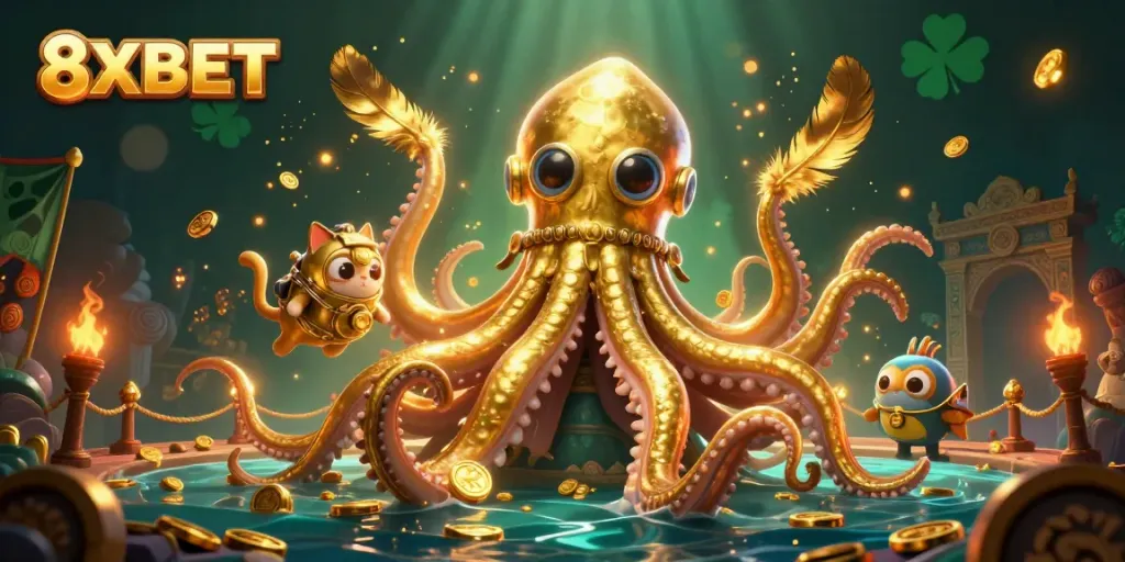 Engage with the thrilling adventures of 8XBET through a vibrant kraken-themed casino illustration.