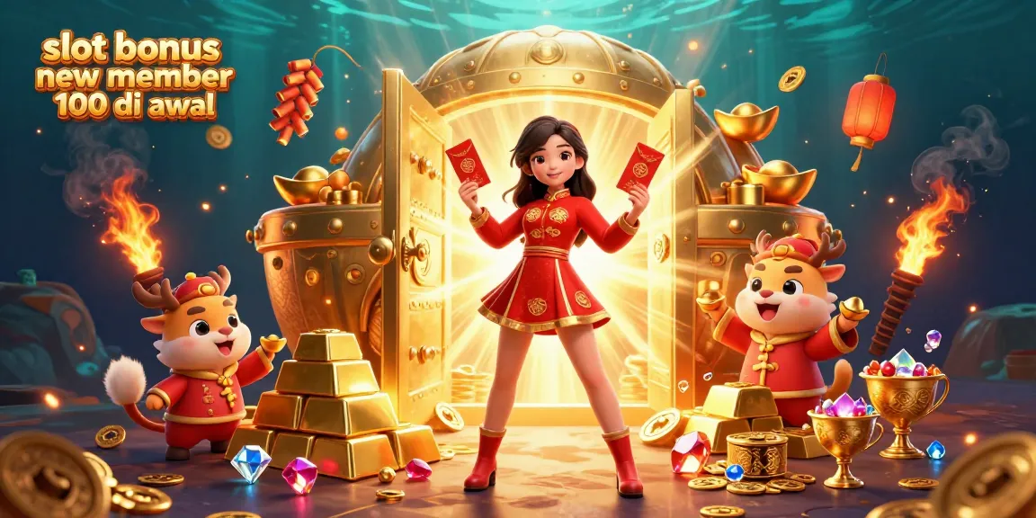 Claim your slot bonus new member 100 di awal with vibrant casino-themed illustration featuring festive elements.