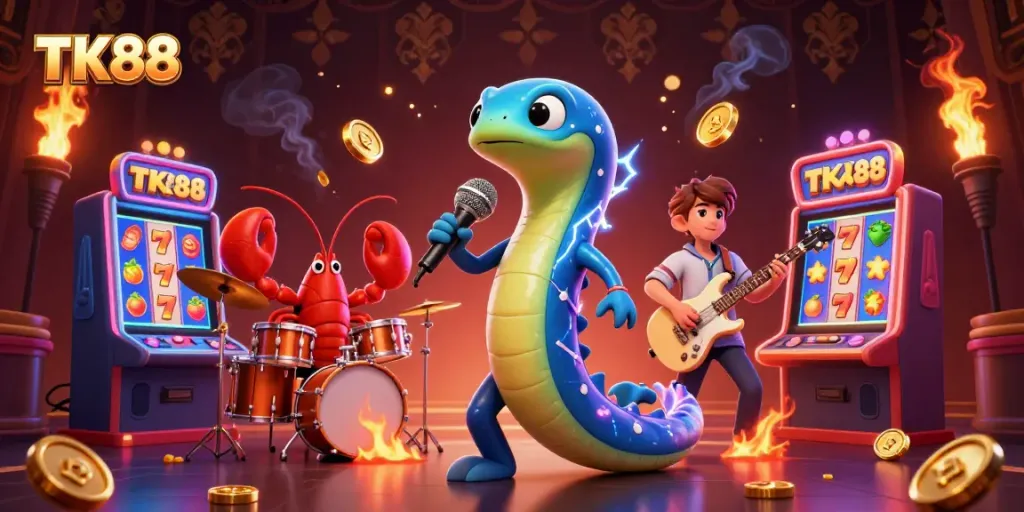 Experience winning at TK88 with a vibrant underwater casino scene featuring an electric eel DJ.