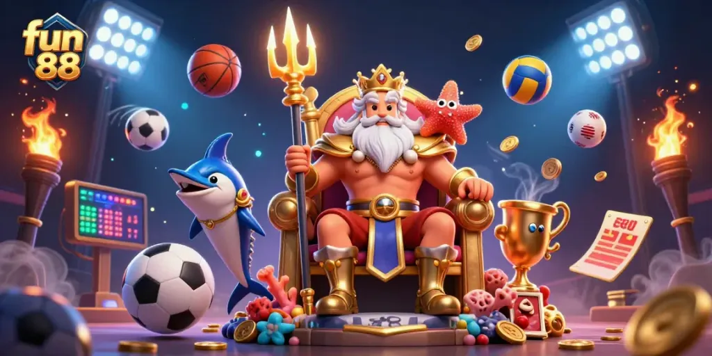 Engage with fun 88 at the vibrant betting illustration featuring Neptune and sports elements.