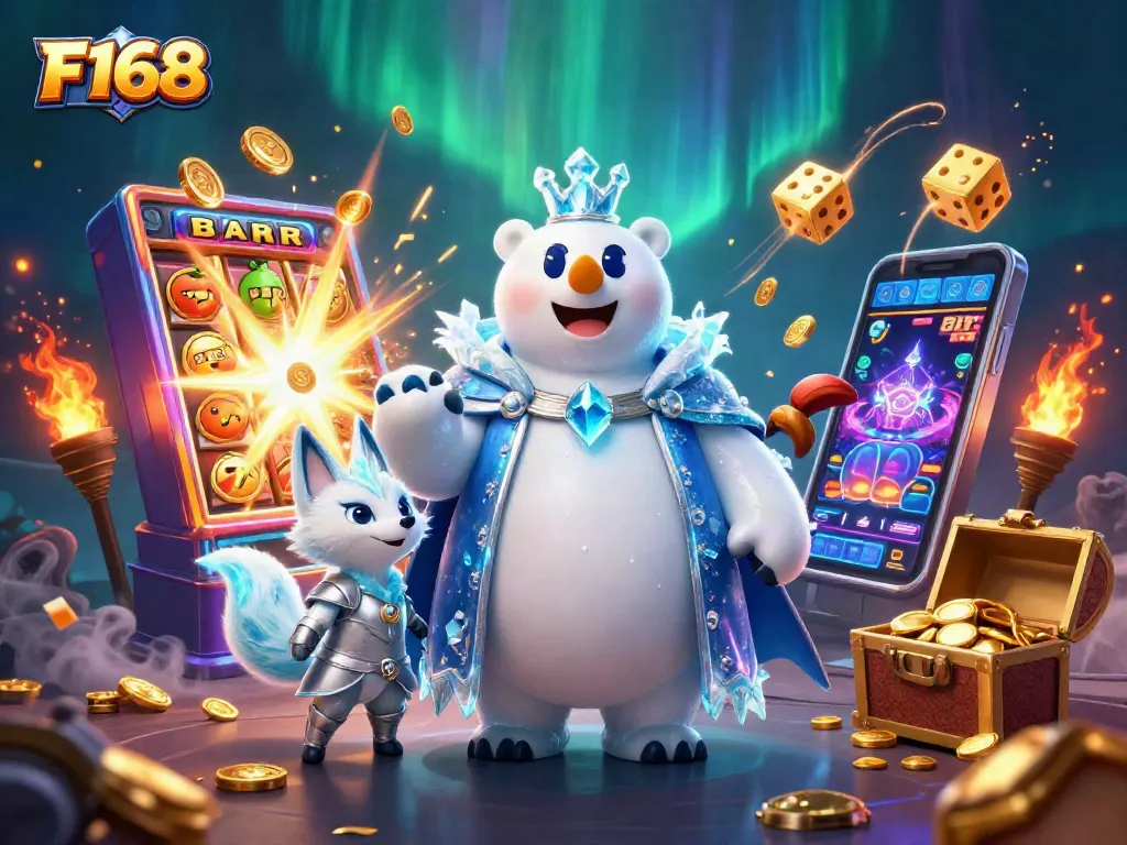 Feel the excitement with F168's cartoon polar bear and fox, surrounded by vibrant casino elements and jackpot wins!