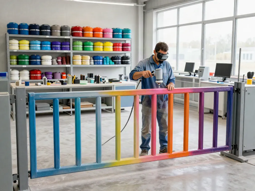 Powder coating technician applying vibrant finish in workshop.