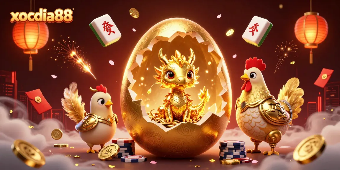 Experience the excitement of xocdia88 with a golden dragon, poker chips, and vibrant game elements all around.