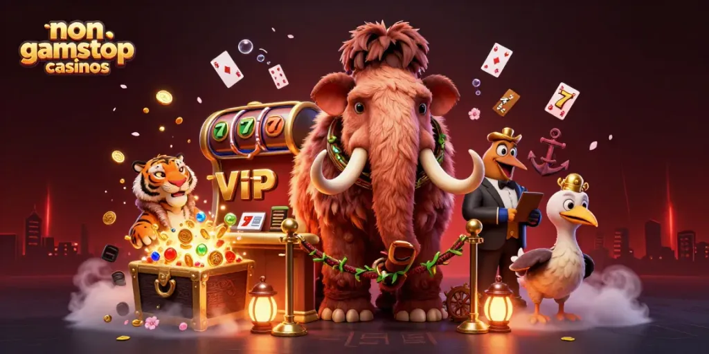 Experience the excitement of non gamstop casinos with cartoon characters in a vibrant casino scene.