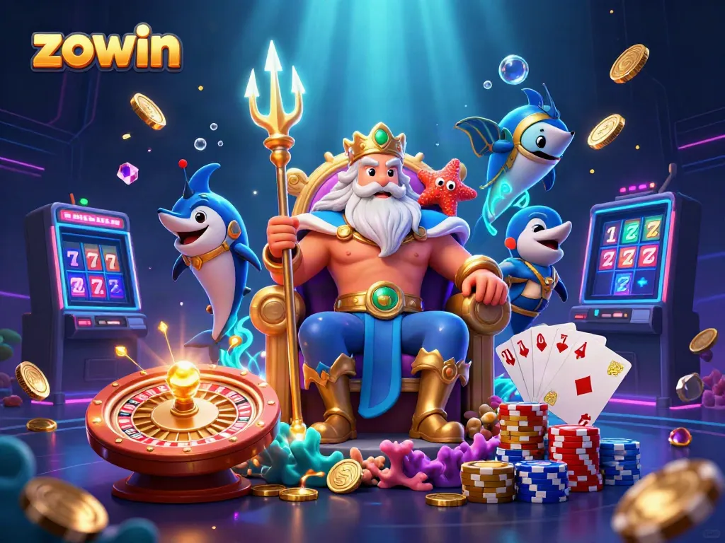 Experience thrilling gameplay at ZOWIN with Neptune and his samurai, amidst sparkling gems and coins.