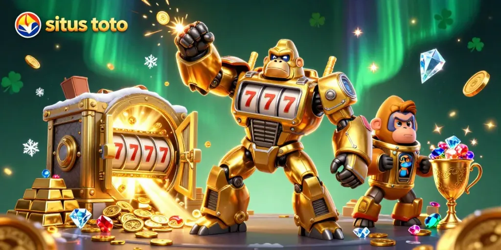Situs toto gaming scene with a 3D golden gorilla mech amidst treasures and festive elements.