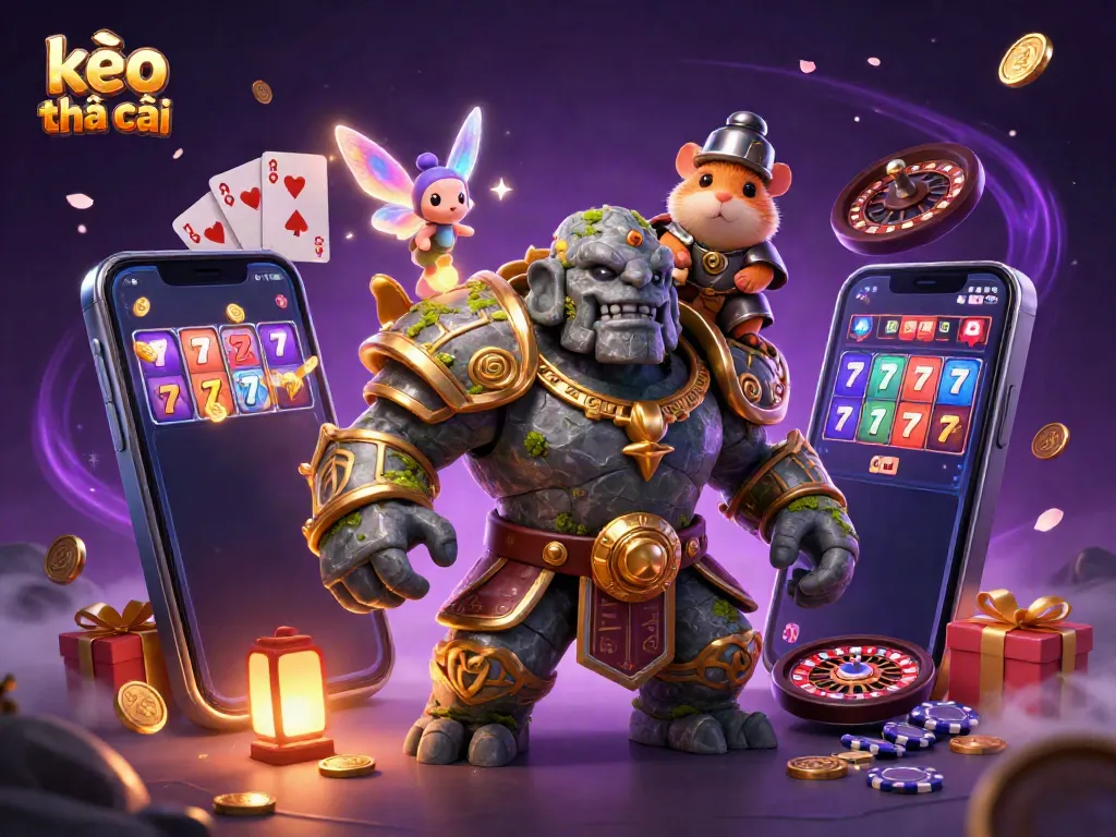 Experience kèo nhà cái dynamics with a magical scene of a golem guardian, fairy, and hamster knight amidst vibrant gambling elements.