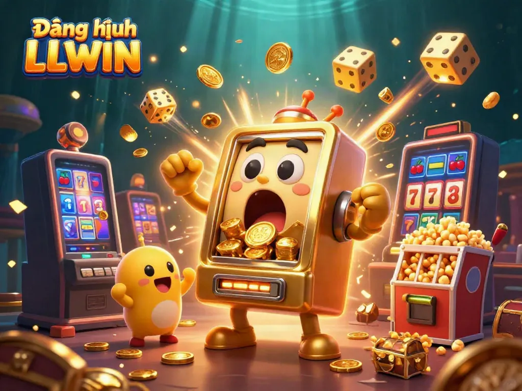 Catch the excitement of Đăng nhập LLWIN as a golden slot machine hits its jackpot amidst a vibrant casino scene.
