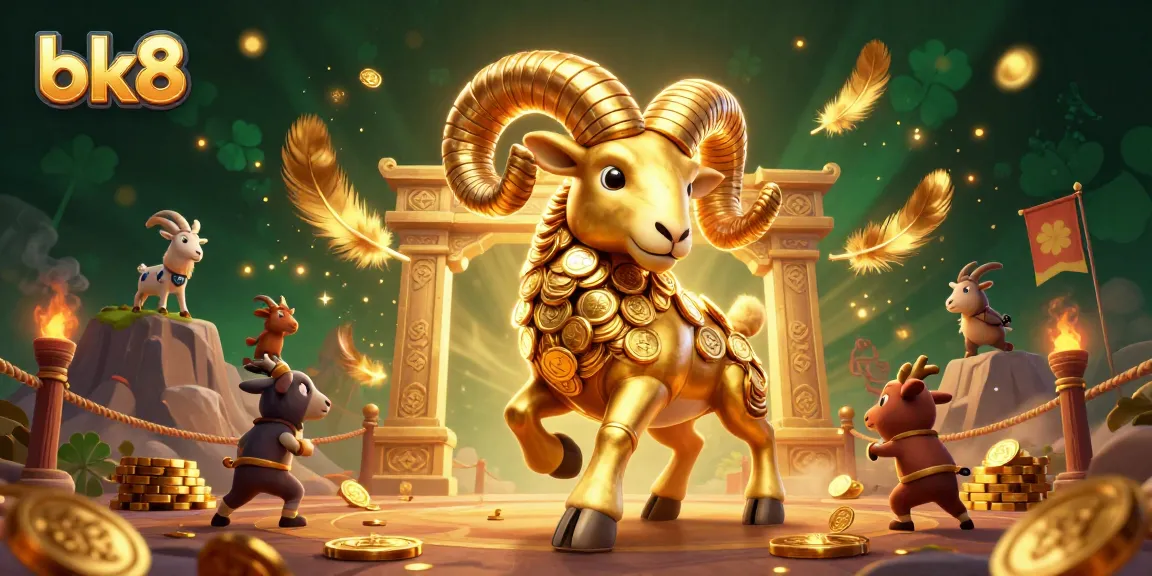 Experience bk8's exciting gaming atmosphere with a dynamic casino scene featuring golden ram characters and vibrant elements.