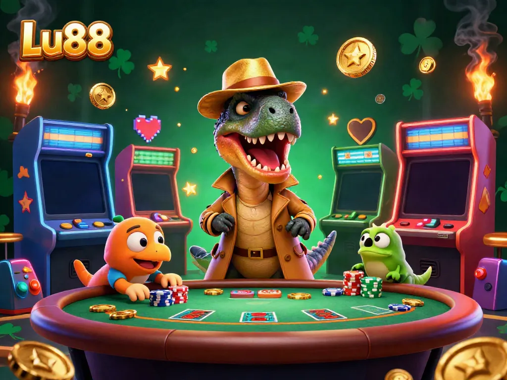 Lu88's vibrant casino scene showcasing a velociraptor card counter, a stethosaurus pit boss, and a sneaky compy pickpocket