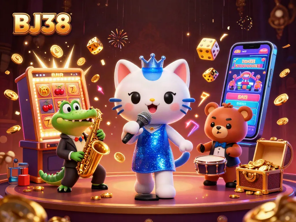 BJ38 showcases an animated casino scene with vibrant characters and jackpot excitement, enticing players to engage.