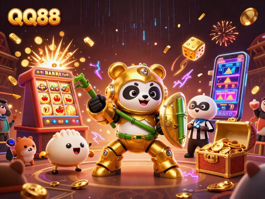 Engage with QQ88's vibrant 3D casino scene showcasing dynamic slot machines, a panda hero, and festive elements.