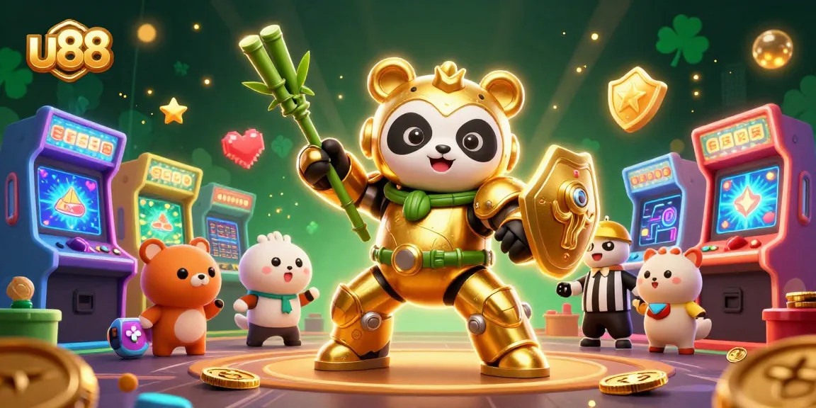 Join the action at u88 with a mech-suit panda navigating a lively casino game arena.