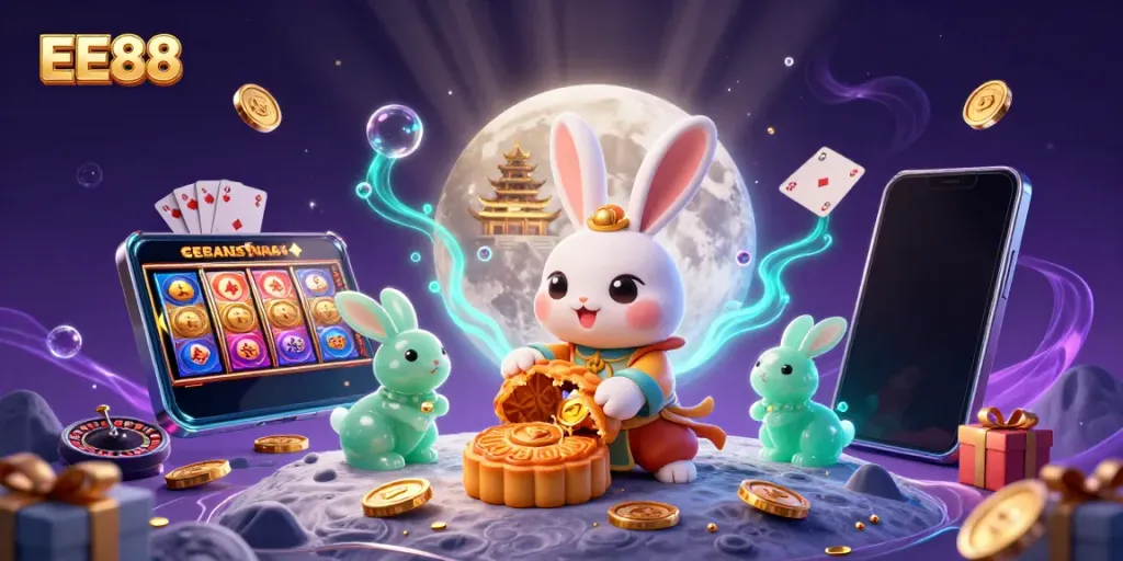 Experience thrilling gaming with EE88 featuring a moon rabbit and colorful casino elements.