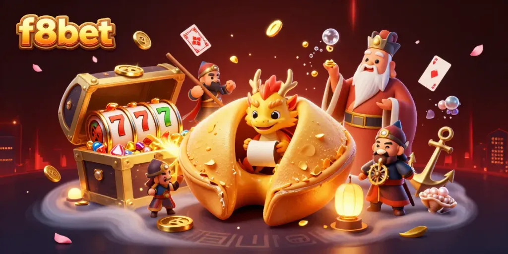Experience the thrill of f8bet with a dynamic casino scene featuring fortune cookies and slot reels.