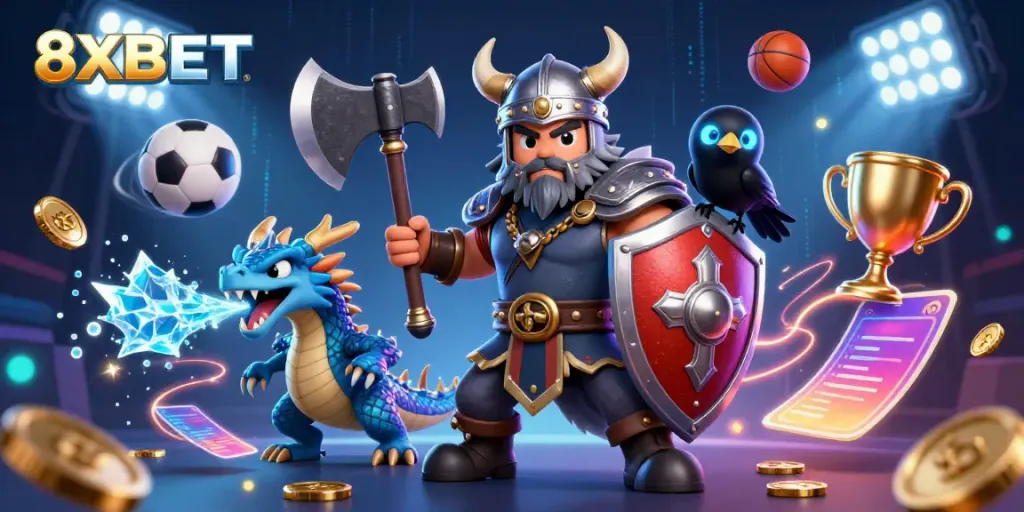 Engage with 8XBET through a vibrant 3D scene featuring a Viking wolf warrior and sports elements energizing online gaming.